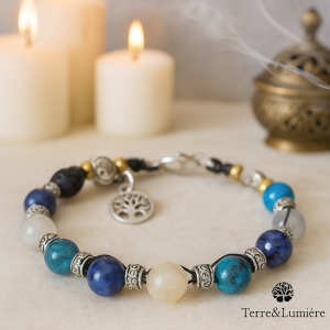 bracelet personnalisé, terre&lumiere, atelier de vanessa, spirituel, minéral, lithothérapie, pierre, intuition, clairvoyance, apaisement, bien être,