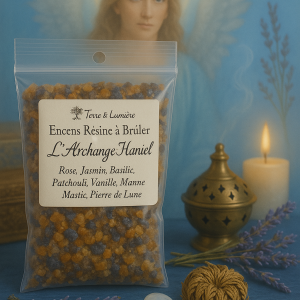 archange haniel, résine naturelle, encens à brûler, rose, jasmin, basilic, patchouli, vanille, manne, mastic, pierre de lune, féminité, douceur, amour de soi, harmonie, énergie lunaire, Terre & Lumière, artisanat spirituel