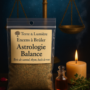 résine astrologique, encens zodiaque, signe de la balance, encens balance, bois de santal, thym, rose, harmonie, amour, équilibre, beauté intérieure, sérénité, paix relationnelle, Terre & Lumière, artisanat spirituel