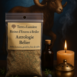 résine astrologique, encens zodiaque, signe du bélier, encens bélier, arbre à encens, genièvre, bois de cèdre, courage, énergie, feu intérieur, audace, confiance, ancrage, Terre & Lumière, artisanat spirituel