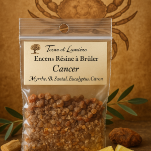 résine astrologique, encens zodiaque, signe du cancer, encens cancer, myrrhe, bois de santal, eucalyptus, citron, émotions, paix intérieure, douceur, purification, intuition, Terre & Lumière, artisanat spirituel