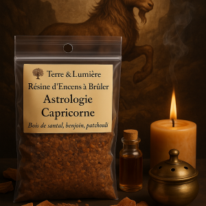 résine astrologique, encens zodiaque, signe du capricorne, encens capricorne, bois de santal, benjoin, patchouli, ancrage, stabilité, concentration, rigueur, protection, sagesse, Terre & Lumière, artisanat spirituel