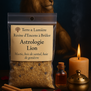 résine astrologique, encens zodiaque, signe du lion, encens lion, mastic, bois de santal, baie de genièvre, confiance, rayonnement, charisme, énergie solaire, vitalité, force intérieure, Terre & Lumière, artisanat spirituel