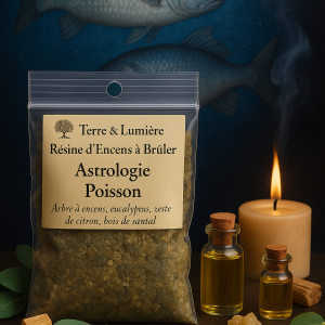 résine astrologique, encens zodiaque, signe des poissons, encens poisson, arbre à encens, eucalyptus, citron, bois de santal, intuition, rêve, spiritualité, compassion, purification, Terre & Lumière, artisanat spirituel