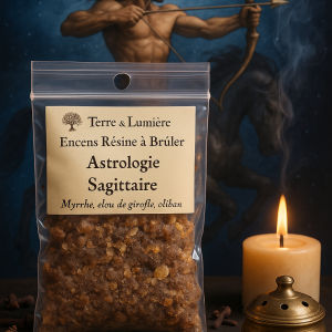 résine astrologique, encens zodiaque, signe du sagittaire, encens sagittaire, arbre à encens, myrrhe, clou de girofle, feu intérieur, sagesse, ouverture d’esprit, motivation, foi, exploration, Terre & Lumière, artisanat spirituel