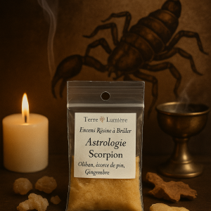 résine astrologique, encens zodiaque, signe du scorpion, encens scorpion, arbre à encens, gingembre, résine de pin, transformation, purification, renaissance, protection, intuition, magnétisme, Terre & Lumière, artisanat spirituel