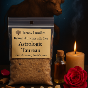 résine astrologique, encens zodiaque, signe du taureau, encens taureau, bois de santal, benjoin, rose, ancrage, sensualité, amour, stabilité, réconfort, douceur, Terre & Lumière, artisanat spirituel