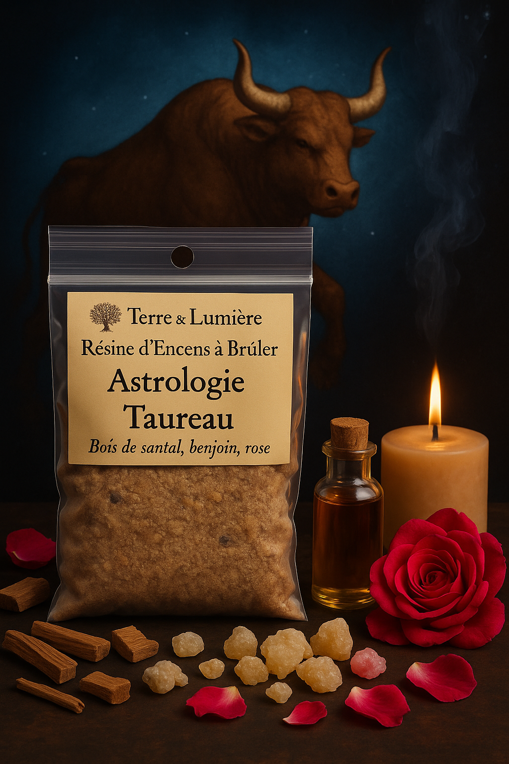 résine astrologique, encens zodiaque, signe du taureau, encens taureau, bois de santal, benjoin, rose, ancrage, sensualité, amour, stabilité, réconfort, douceur, Terre & Lumière, artisanat spirituel