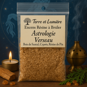 résine astrologique, encens zodiaque, signe du verseau, encens verseau, bois de santal, cyprès, résine de pin, créativité, inspiration, liberté, clarté d’esprit, harmonie, vision, Terre & Lumière, artisanat spirituel