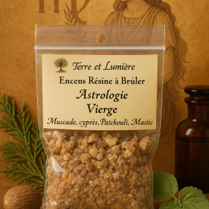 résine astrologique, encens zodiaque, signe de la vierge, encens vierge, macis, cyprès, patchouli, ancrage, clarté mentale, organisation, rigueur, sérénité, Terre & Lumière, artisanat spirituel