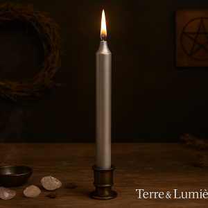bougie de rituel, bougie argentée, protection, guidance, spiritualité, méditation, ancrage, élévation, Terre & Lumière, artisanat spirituel, bougie énergétique, lumière divine, bougie artisanale, bougie teintée