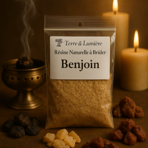 résine benjoin, benjoin, résine naturelle, encens à brûler, purification, protection, apaisement, sérénité, encens artisanal, Terre & Lumière, artisanat spirituel, encens naturel, guérison, douceur, élévation spirituelle