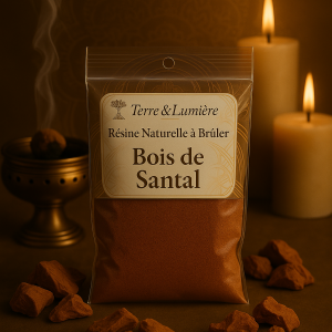 bois de santal, santal, résine naturelle, encens à brûler, purification, méditation, sérénité, paix intérieure, ancrage, Terre & Lumière, artisanat spirituel, bois sacré, encens artisanal, bien-être, relaxation