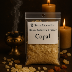 résine copal, copal, résine naturelle, encens à brûler, purification, élévation spirituelle, lumière, clarté, méditation, ancrage, Terre & Lumière, artisanat spirituel, encens artisanal, protection, transformation