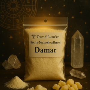 résine damar, damar, résine naturelle, encens à brûler, purification, lumière, clarté, élévation, renouveau, sérénité, Terre & Lumière, artisanat spirituel, encens artisanal, nettoyage énergétique, méditation