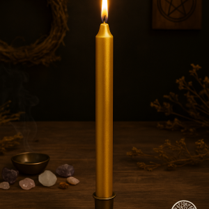 bougie de rituel, bougie dorée, abondance, rayonnement, prospérité, réussite, confiance, lumière divine, gratitude, Terre & Lumière, artisanat spirituel, bougie artisanale, bougie teintée, énergie solaire, manifestation, richesse intérieure