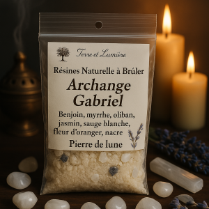 archange gabriel, résine naturelle, encens à brûler, benjoin, myrrhe, oliban, jasmin, sauge blanche, fleur d’oranger, nacre, pierre de lune, communication, paix intérieure, pureté, inspiration, Terre & Lumière, artisanat spirituel