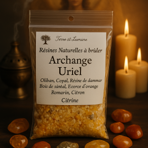 archange uriel, résine naturelle, encens à brûler, oliban, copal, dammar, bois de santal, écorce d’orange, citron, romarin, citrine, clarté mentale, énergie solaire, concentration, joie, purification, Terre & Lumière, artisanat spirituel