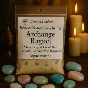 archange raguel, résine naturelle, encens à brûler, genévrier, camomille, myrrhe, mastic, patchouli, aigue-marine, harmonie, justice divine, réconciliation, paix intérieure, pardon, Terre & Lumière, artisanat spirituel