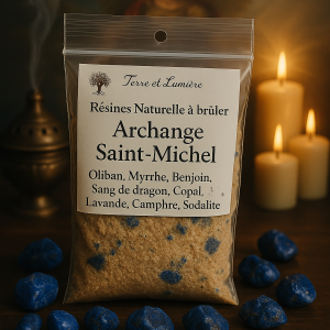 archange saint-michel, archange michael, résine naturelle, encens à brûler, oliban, myrrhe, benjoin, sang de dragon, copal, lavande, camphre, sodalite, protection, purification, force spirituelle, courage, Terre & Lumière, artisanat spirituel