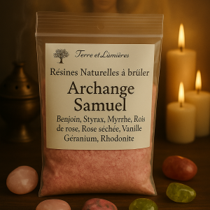 archange samuel, archange chamuel, résine naturelle, encens à brûler, benjoin, styrax, bois de rose, rose séchée, géranium, vanille, rhodonite, amour divin, compassion, pardon, paix du cœur, Terre & Lumière, artisanat spirituel