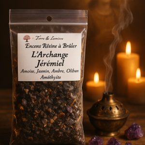 archange jérémiel, résine naturelle, encens à brûler, armoise, jasmin, oliban, améthyste, clairvoyance, purification, introspection, guidance spirituelle, paix intérieure, Terre & Lumière, artisanat spirituel