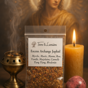 archange jophiel, résine naturelle, encens à brûler, myrrhe, mastic, manne, rose, vanille, marjolaine, cannelle, ylang ylang, rhodonite, beauté intérieure, sagesse, inspiration, gratitude, joie, lumière divine, Terre & Lumière, artisanat spirituel