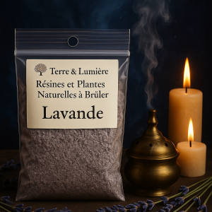 lavande, lavande séchée, plante à brûler, encens naturel, purification, apaisement, sérénité, sommeil, paix intérieure, relaxation, artisanat spirituel, Terre & Lumière, herbes sacrées, aromathérapie naturelle, encens artisanal