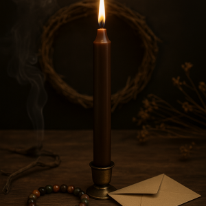 bougie de rituel, bougie marron, stabilité, ancrage, réconfort, sécurité, sérénité, équilibre, Terre & Lumière, artisanat spirituel, bougie artisanale, bougie teintée, enracinement, confiance, paix intérieure