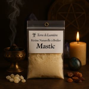 résine mastic, mastic, résine naturelle, encens à brûler, purification, clarté mentale, méditation, élévation spirituelle, renouveau, Terre & Lumière, artisanat spirituel, encens artisanal, harmonie, protection