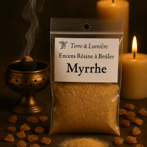 résine myrrhe, myrrhe, résine naturelle, encens à brûler, purification, protection, prière, spiritualité, introspection, guérison, encens artisanal, Terre & Lumière, artisanat spirituel, élévation spirituelle, ancrage, méditation