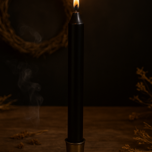 bougie de rituel, bougie noire, ancrage, purification, protection, libération, transformation, nettoyage énergétique, Terre & Lumière, artisanat spirituel, bougie artisanale, bougie teintée, bougie énergétique, sérénité, recentrage
