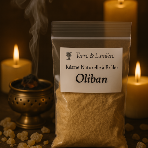 résine oliban, encens franc, oliban, encens naturel, purification, protection, méditation, élévation spirituelle, prière, clarté d’esprit, encens artisanal, Terre & Lumière, artisanat spirituel, harmonie, lumière intérieure