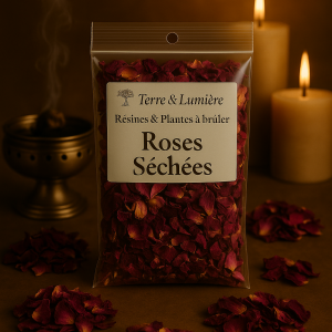 roses séchées, pétales de rose, plante à brûler, encens naturel, amour, tendresse, réconciliation, apaisement, douceur, ouverture du cœur, Terre & Lumière, artisanat spirituel, herbes sacrées, purification, harmonie