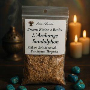 archange sandalphon, résine naturelle, encens à brûler, oliban, bois de santal, eucalyptus, turquoise, prière, ancrage, élévation spirituelle, connexion céleste, harmonie, Terre & Lumière, artisanat spirituel