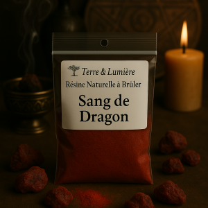 sang de dragon, résine naturelle, encens à brûler, purification, protection, transformation, énergie, force intérieure, rituels, encens artisanal, Terre & Lumière, artisanat spirituel, élévation spirituelle, résine rouge