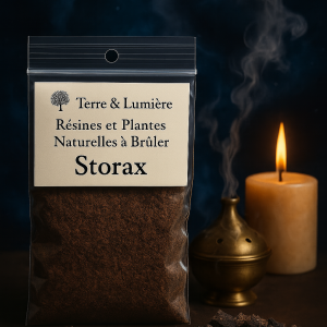 storax, résine naturelle, encens à brûler, encens balsamique, purification, méditation, sérénité, guérison émotionnelle, apaisement, Terre & Lumière, artisanat spirituel, encens sacré, protection, élévation spirituelle