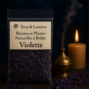 violette séchée, plante à brûler, encens naturel, herbes sacrées, purification, apaisement, amour, douceur, réconciliation, Terre & Lumière, artisanat spirituel, plantes séchées, aromathérapie naturelle