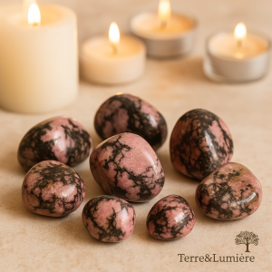 rhodonite, pierre du cœur, guérison émotionnelle, pardon, apaisement, lithothérapie, pierre rose et noire, équilibre affectif, compassion, réconfort