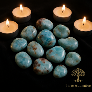 larimar, pierre de douceur, apaisement émotionnel, sérénité, communication douce, lithothérapie, pierre bleue, paix intérieure, calme mental, lâcher prise
