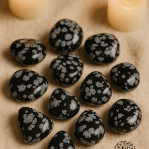 obsidienne neige, obsidienne flocon, pierre de protection, ancrage, clarté mentale, introspection, lithothérapie, pierre noire et blanche, équilibre émotionnel, purification