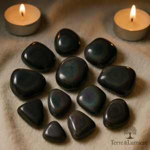 obsidienne œil céleste, obsidienne arc-en-ciel, pierre de protection, éveil spirituel, introspection profonde, vérité intérieure, lithothérapie, pierre noire, conscience, transformation